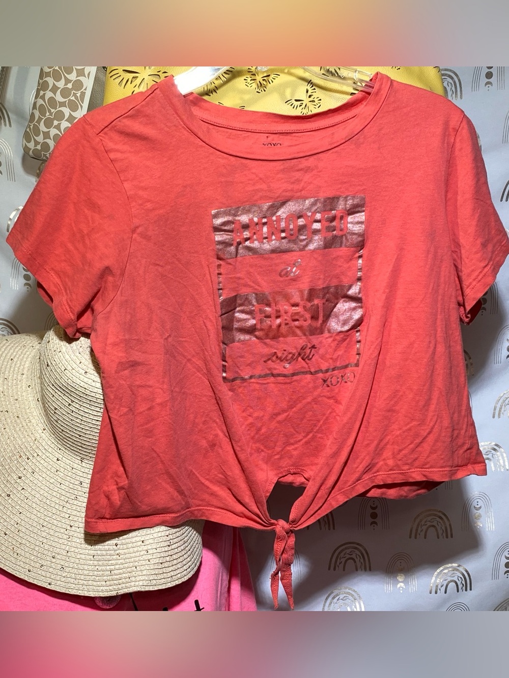 XOXO Coral Short-Sleeve Tie-Front Graphic Tee